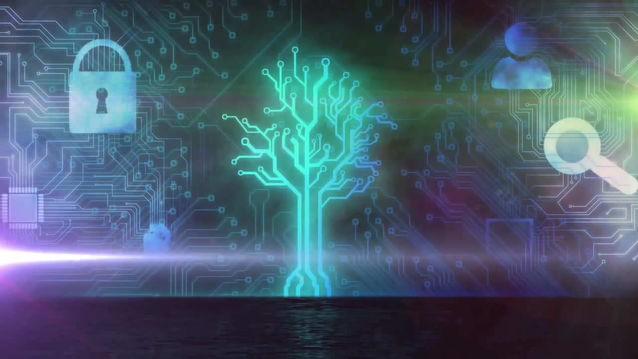 Animation of online security padlock with data processing on circuit board in background