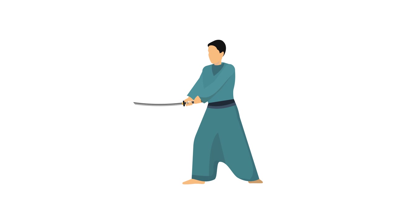 Uomo animato in abito tradizionale che sguaina una katana