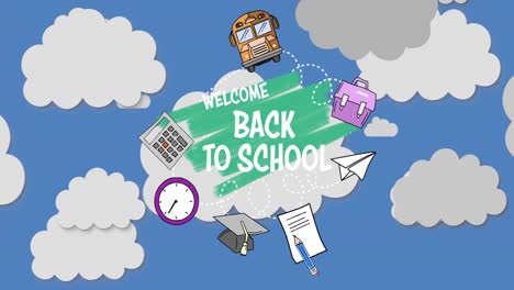 School-concept-icons-and-welcome-back-to-school-text-against-clouds-in-the-sky