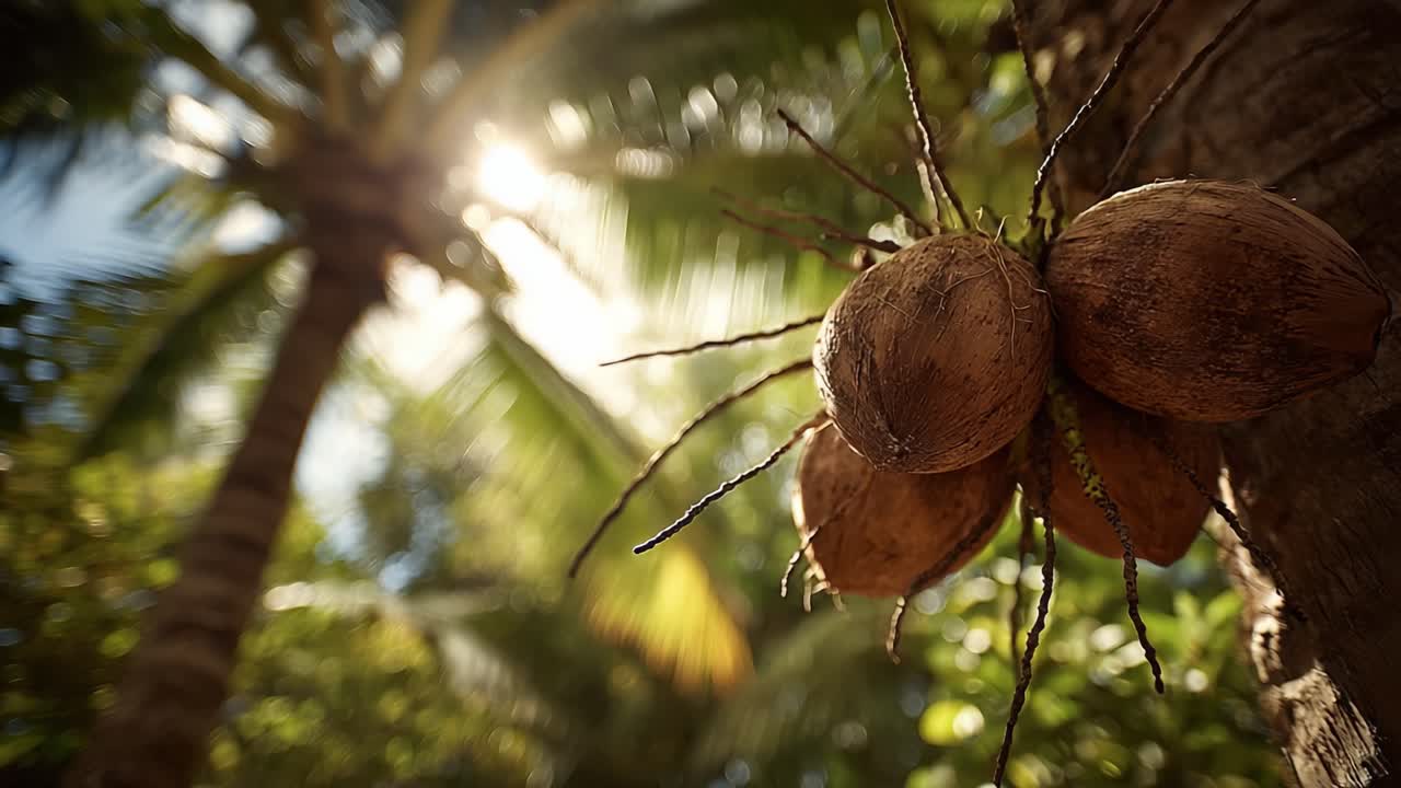 Um close-up de cocos maduros pendurados em uma palmeira tropical, banhados em luz natural, destacando as ricas cores e texturas da natureza.