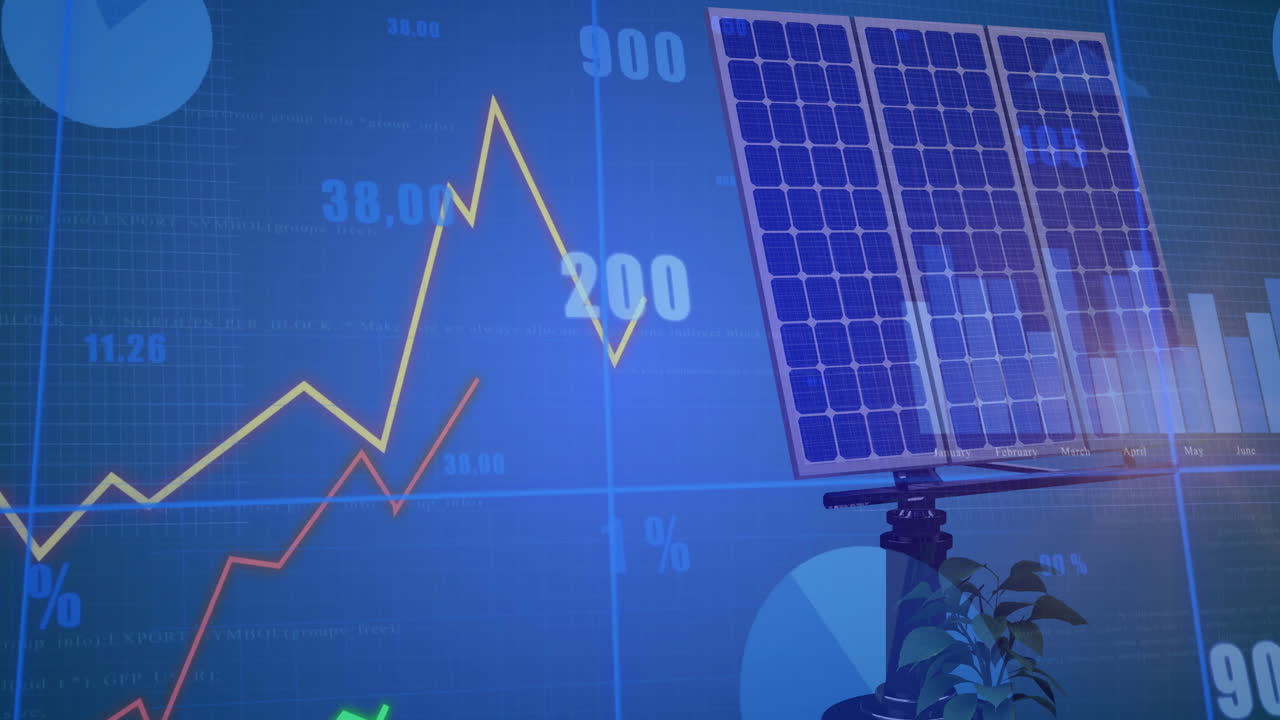 Solar panel being animated in 3D interface showing line graphs, bar charts, numeric percentages