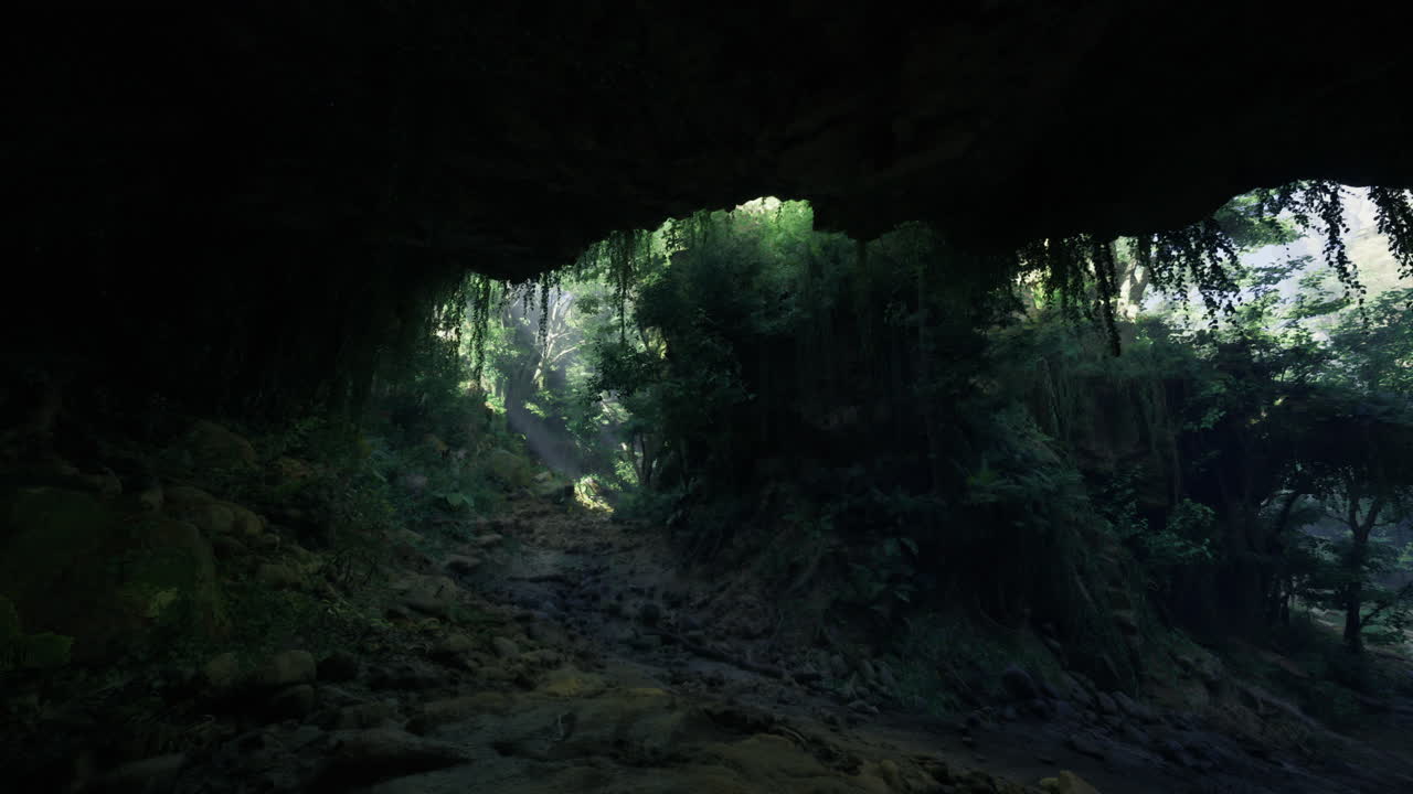 Exploring a mystical cave with lush greenery and natural light