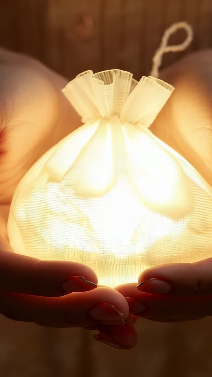 Vertical video: Cupping mesh pouch with ruffled closure loop as inner light brightening at workshop