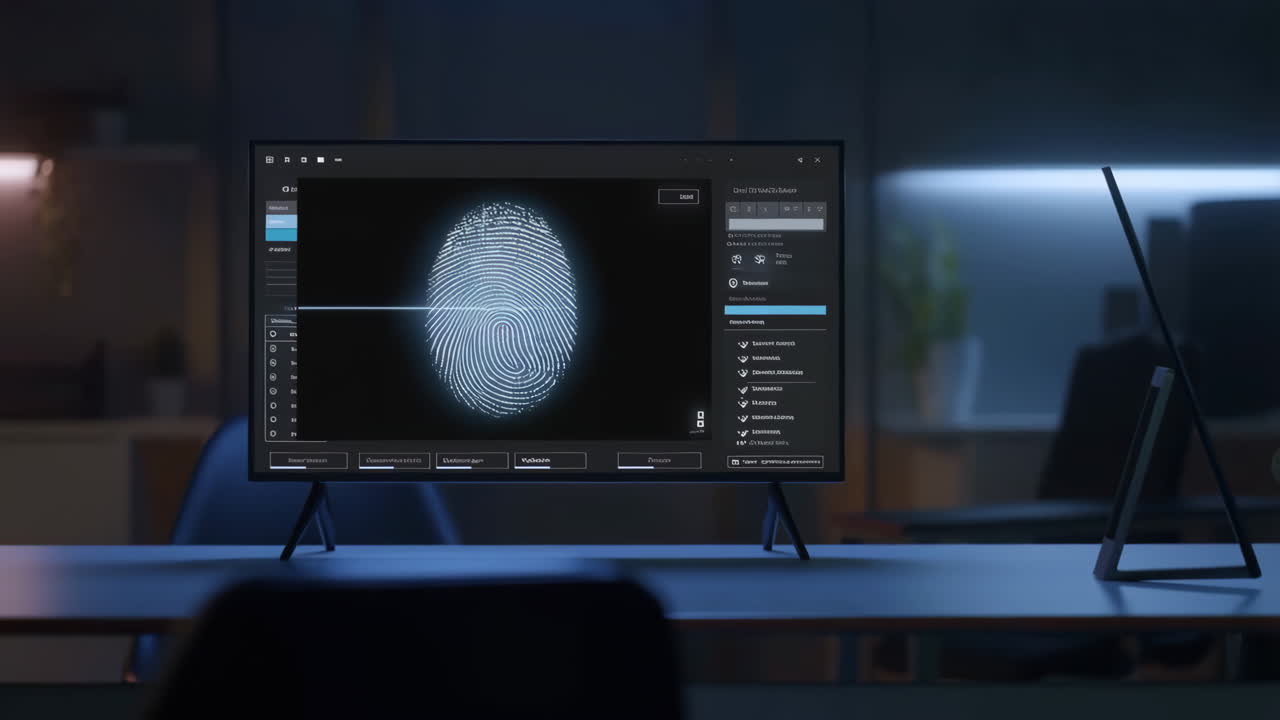 Digital Fingerprint Scan on a Computer Monitor in a Dark Office