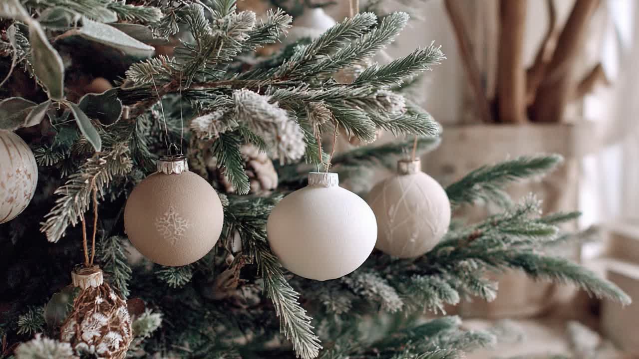 Elegant Christmas Ornaments Adorn a Festively Decorated Tree, Creating a Serene Holiday Ambiance Filled with Warmth and Joyful Spirit