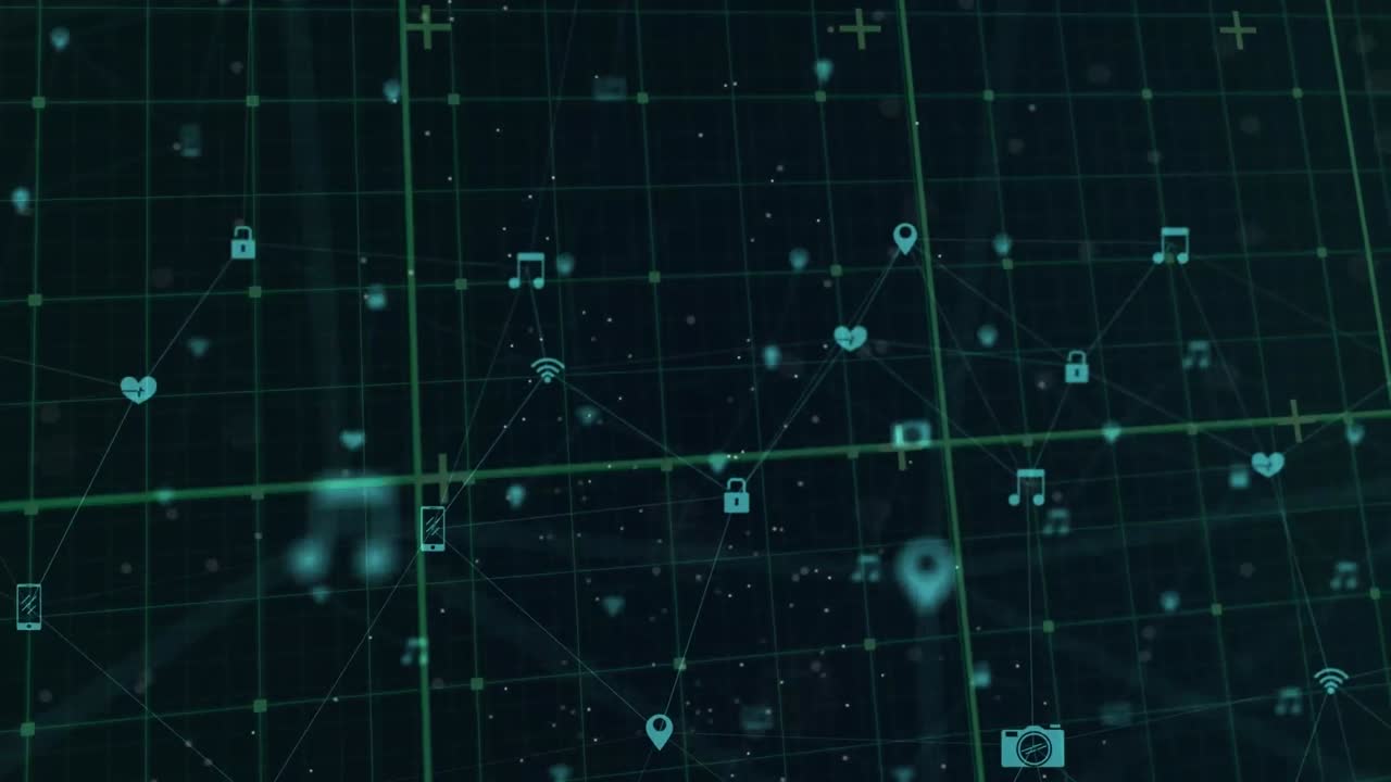 Animation of network of connections with icons on black background