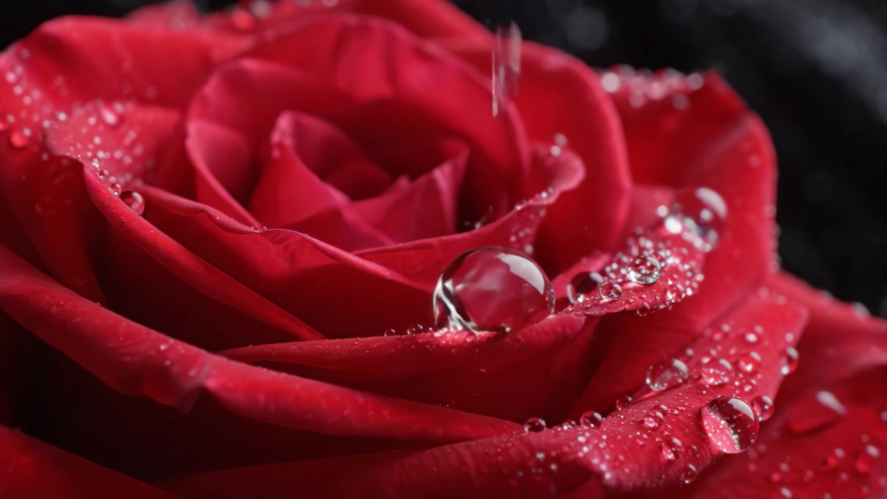 Un Primo Piano Accattivante di una Rosa Rossa che Luccica di Gocce di Pioggia, Mostrando la Bellezza della Natura e gli Intricati Dettagli dei Petali su uno Sfondo Scuro