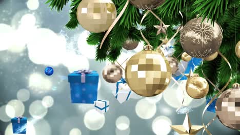 animación de árboles de navidad y bolas de oro, con regalos que caen y copos de nieve