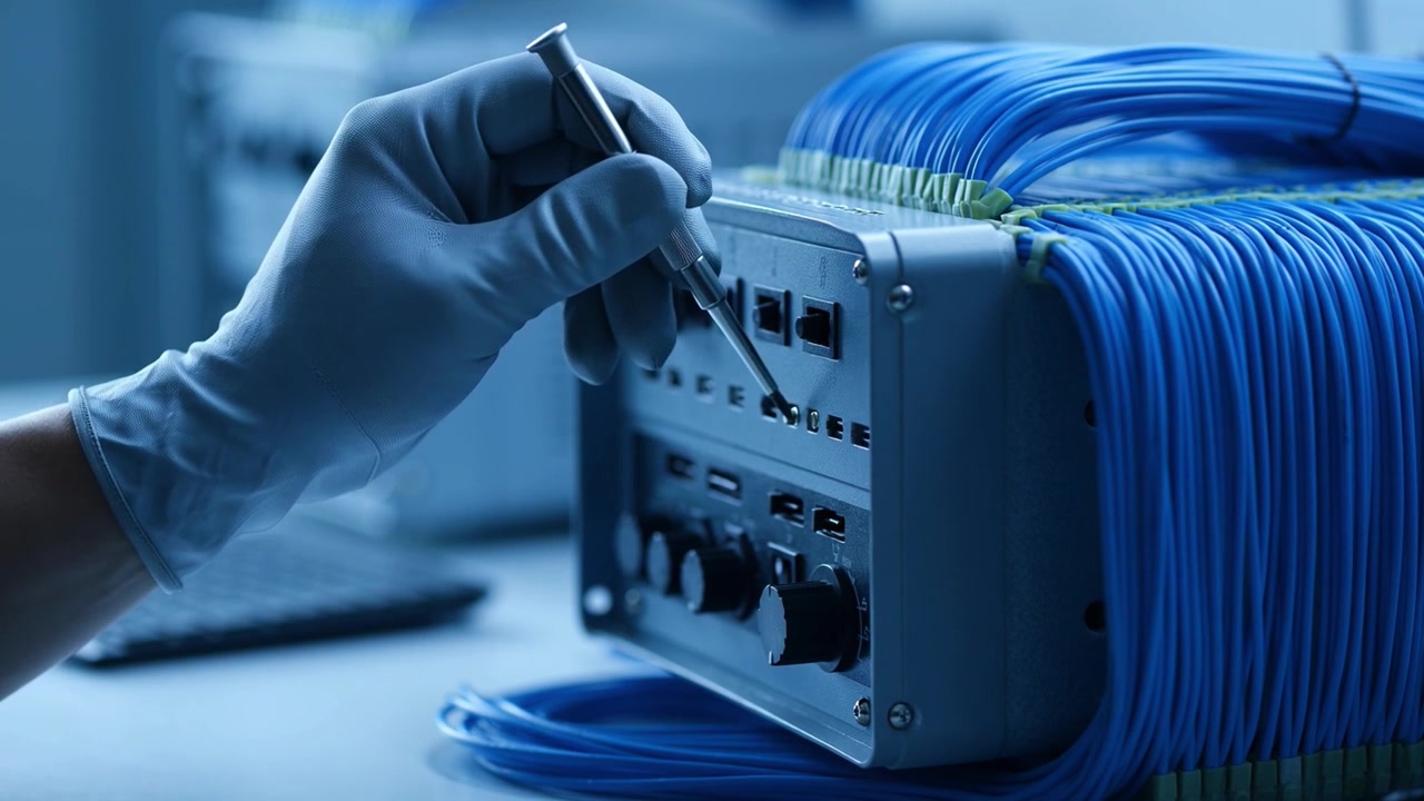 Gloved Hand Repairing Network Equipment with Blue Cables