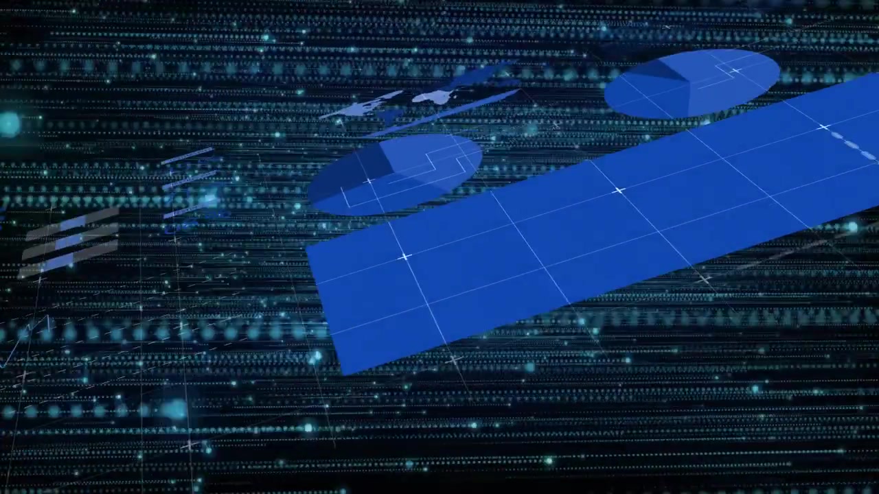 Large 3D blue plane floating over digital grid, showcasing circular disks and streaming binary code