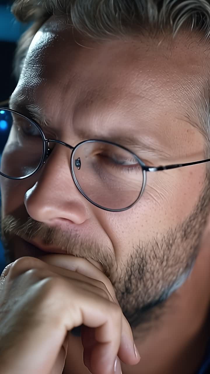 Concentrazione Intensa: Un Ritratto Ravvicinato di un Uomo con Occhi Blu e Occhiali, che Cattura Contemplazione e Coinvolgimento in un Momento Riflessivo