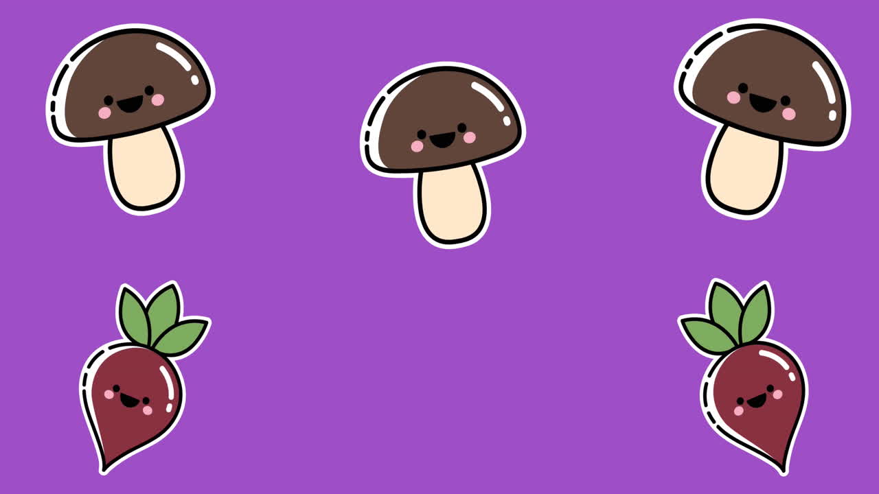 animación de rábanos sonrientes y hongos que se mueven hacia arriba sobre un fondo púrpura