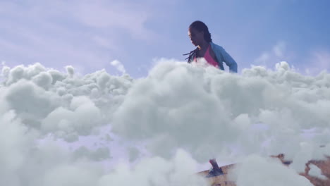 creating dreamy animation, child standing above clouds in surreal school atmosphere