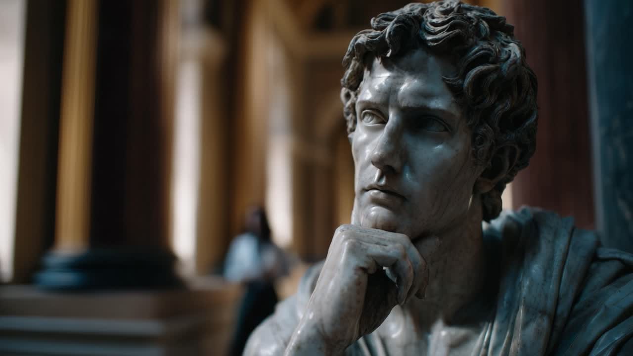 Un primo piano di un'intricata statua in marmo che raffigura una figura contemplativa assorta nei suoi pensieri, all'interno di un elegante museo.