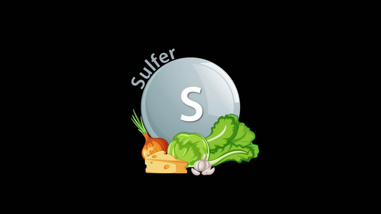 A sulfur element icon gradually combines with illustrated vegetables and cheese, set against a solid black background, using smooth, linear transitions and static camera