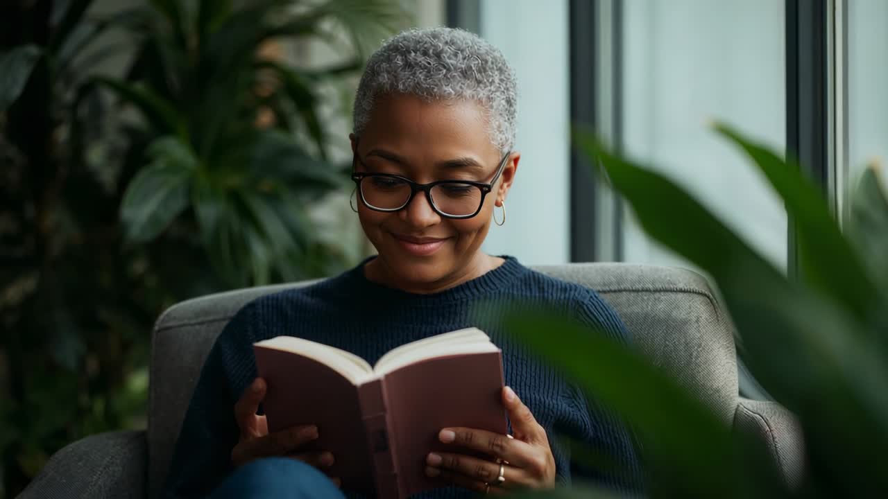 Page centrale d’un livre de poche ouvert, femme en pull bleu marine lisant et tournant les pages près d’une haute fenêtre pour se détendre