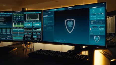 cybersecurity operations center with multiple monitors displaying data and security icons