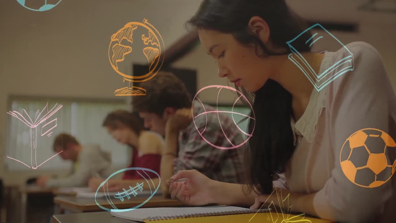 교실에서 다양한 학생들에 대한 학교 아이콘의 애니메이션