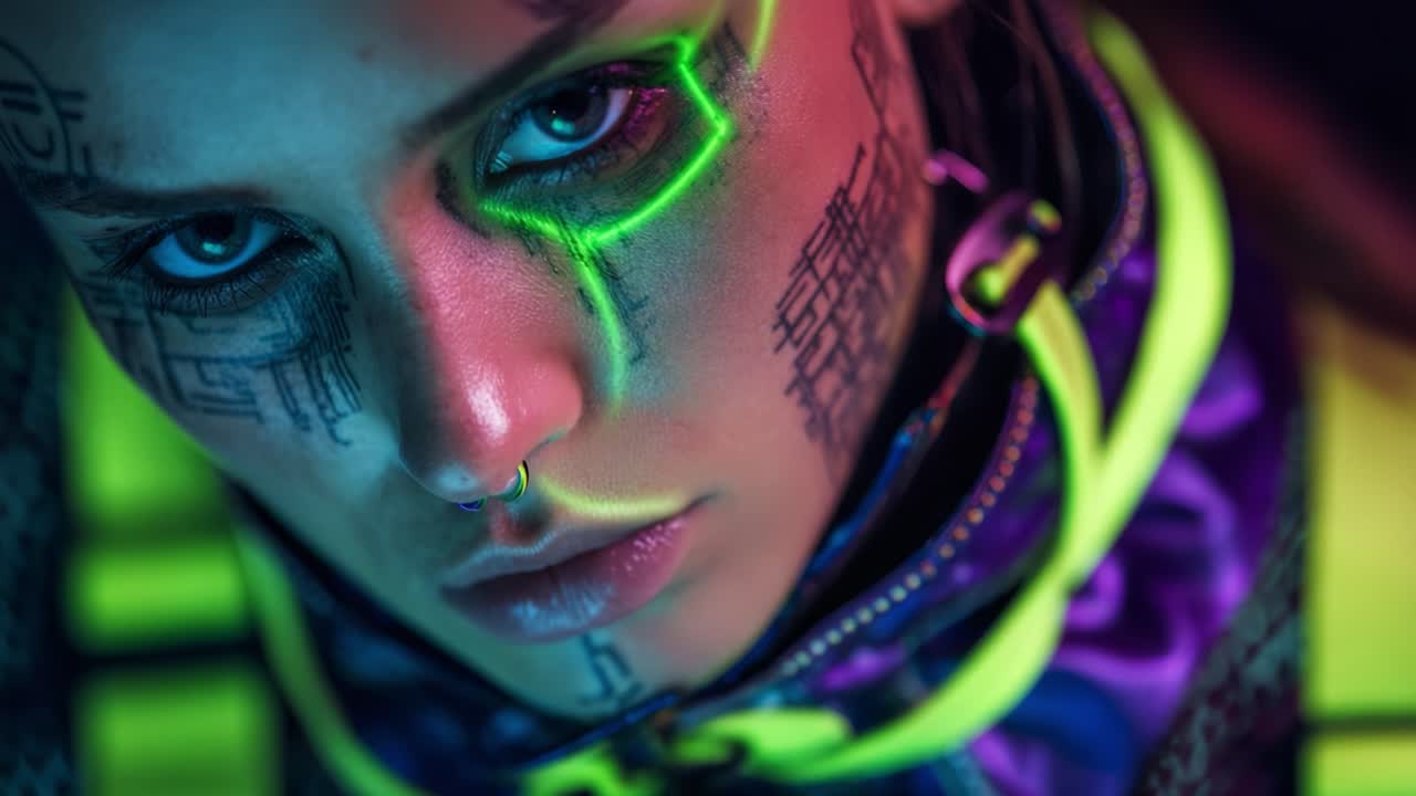 Close-up Portrait of a Young Woman with Intricate Facial Tattoos and Neon Accents Capturing a Striking and Intense Expression While Wearing a Brightly Colored Jacket, with a Futuristic Vibe