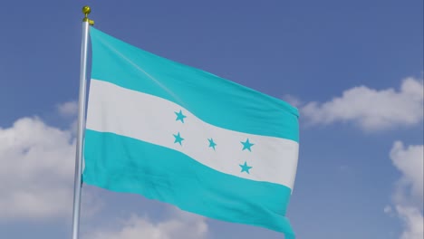 flag of honduras moving in the wind with a clear blue sky in the background, clouds slowly moving, flagpole, slow motion