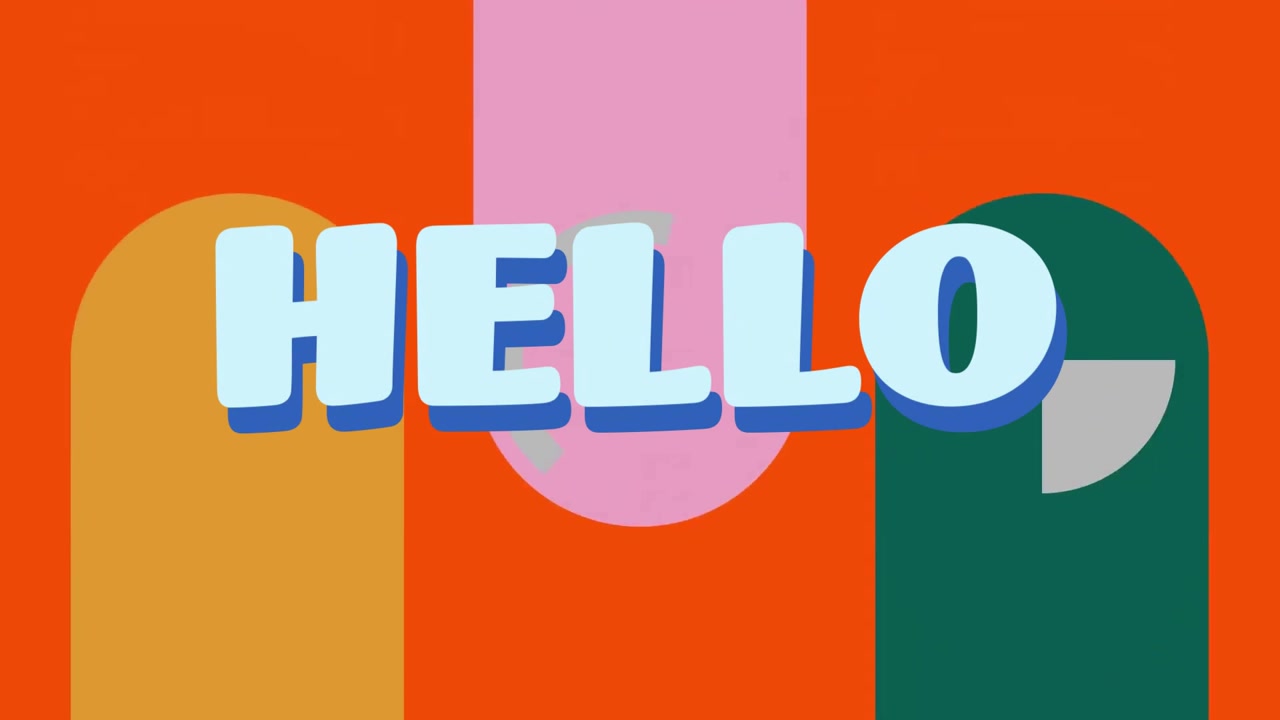 HELLO text animation over colorful geometric shapes background