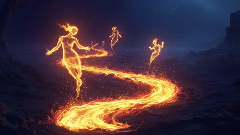 Enchanting Dance of Elemental Spirits: Captivating Figures of Flame Twirl Gracefully Through the Mystical Night, Creating a Luminous Trail of Fiery Energy