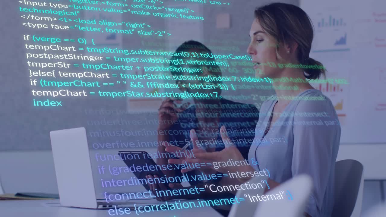 Programming code starting scrolling in tech meeting as co-workers analyzing data from laptop tablet