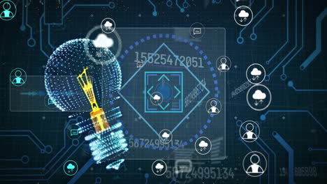 animation of digital lightbulb and media icons over scope scanning and data processing