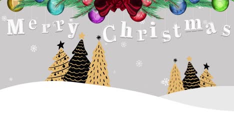 Animation-of-fir-tree-with-merry-christmas-text-over-snow-falling-and-trees-on-white-background