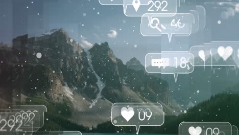 múltiples burbujas de discurso con iconos de las redes sociales y números crecientes contra el paisaje montañoso