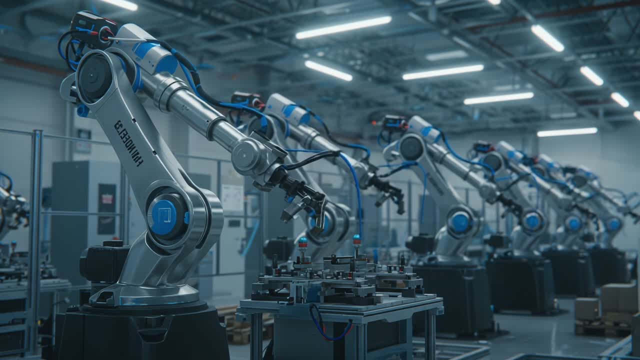 Cutting-Edge Robotics in Action: A State-of-the-Art Manufacturing Facility Showcasing Advanced Robotic Arms Engaged in Precision Automation Tasks