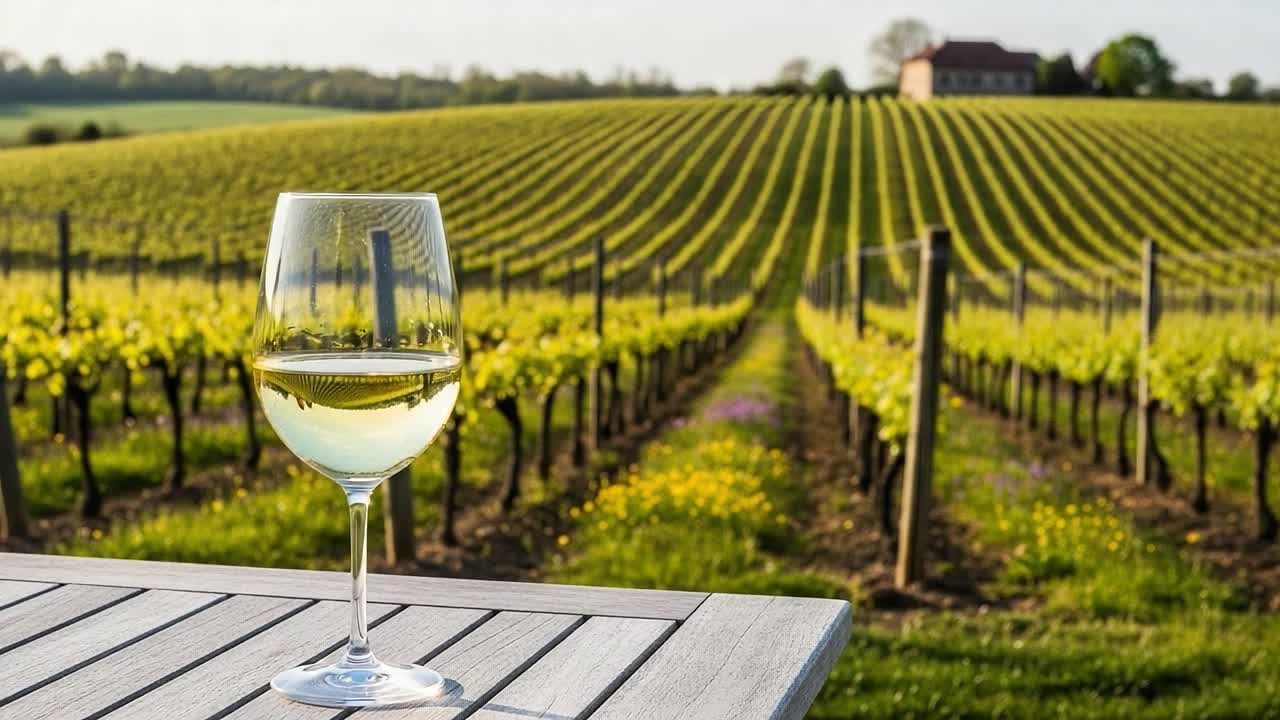 Un sereno bicchiere di vino bianco che si affaccia su rigogliosi filari di vigneti sotto un cielo limpido, catturando la bellezza della natura e l'arte della vinificazione.