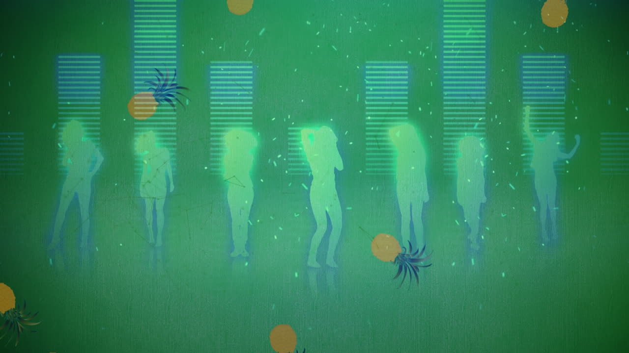 춤추는 여성 실루 ⁇ 과 음악 그래픽 이 ⁇ 라이저를 통해 떨어지는 파인애플의 애니메이션