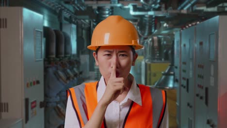 engineer in factory with finger on lips