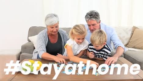 animation of the words ~ stay at home over happy grandparents with their grandchildren at home
