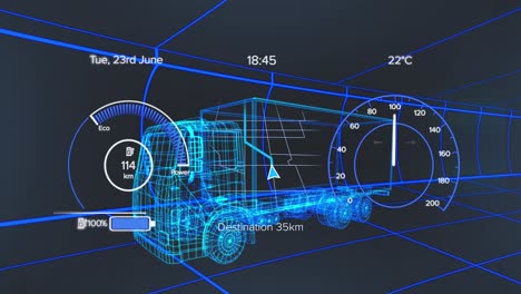 Animation-of-car-drawing-over-woman-of-animation-of-animation-spinning-on-black-background