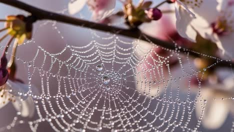 delicate spider web adorned with dew drops: a beautiful capture of nature's intricacies on a blossoming branch
