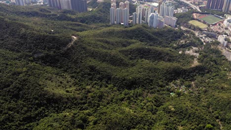 Hong-Kong-skyline,-Slow-reveal-shot-towards-Victoria-Harbour,-above-Lion-rock-county-park