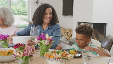 mother and son enjoying multi-generation family meal at home