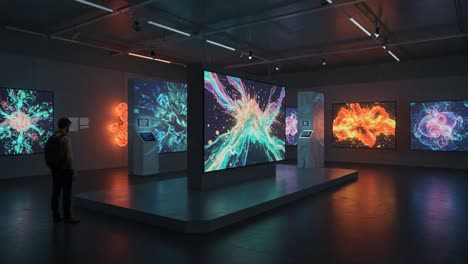 an immersive art experience showcasing dynamic digital displays in a modern exhibition space, featuring colorful abstract visuals that ignite the imagination
