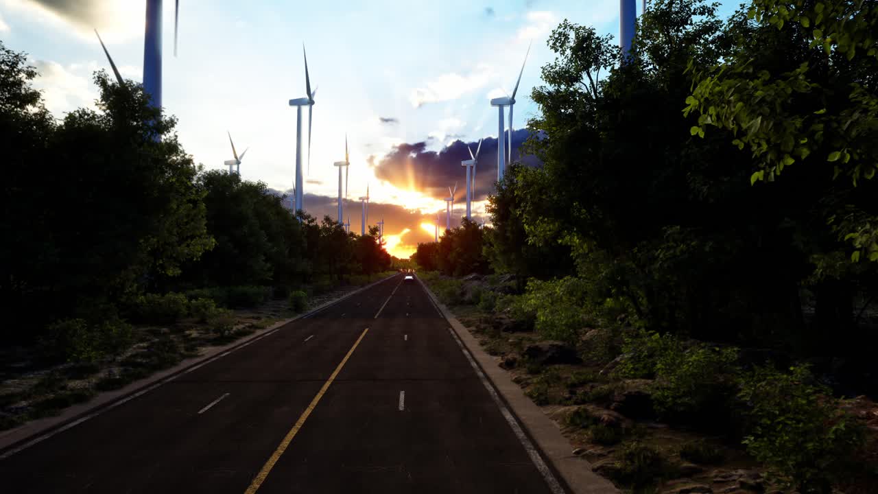renderización 3d de coches eléctricos genéricos en una carretera con turbinas eólicas en el fondo. animación 3d realista
