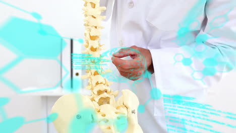 animation of medical data processing over midsection of caucasian male doctor explaining spine