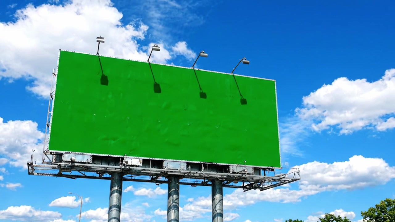 Levende grønt reklameskilt mod en klar blå himmel med tynde skyer, der fremhæver fraværet af reklamer i et naturskønt bymiljø