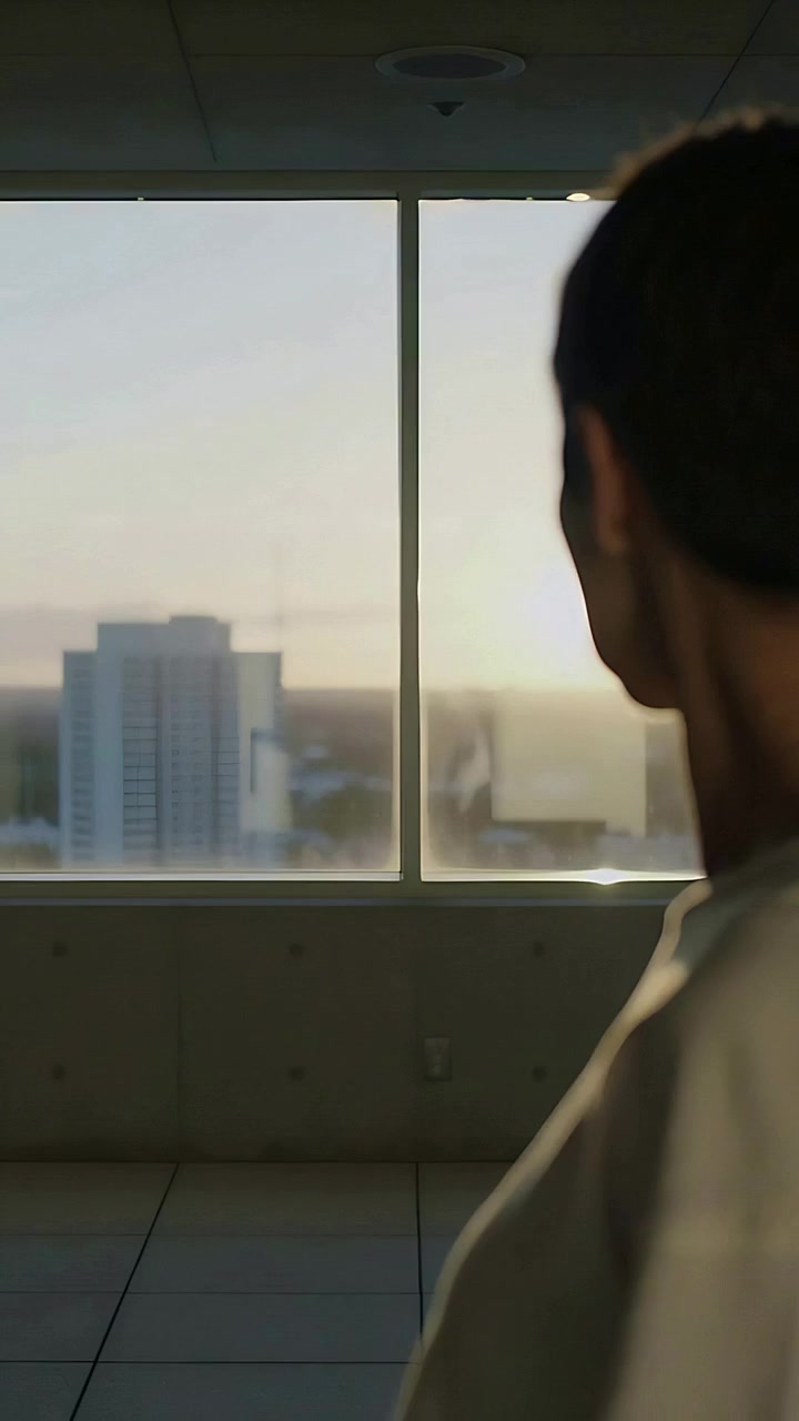 Vertical video: Sun appearing, woman in light top turning toward office window, skyline, copy space