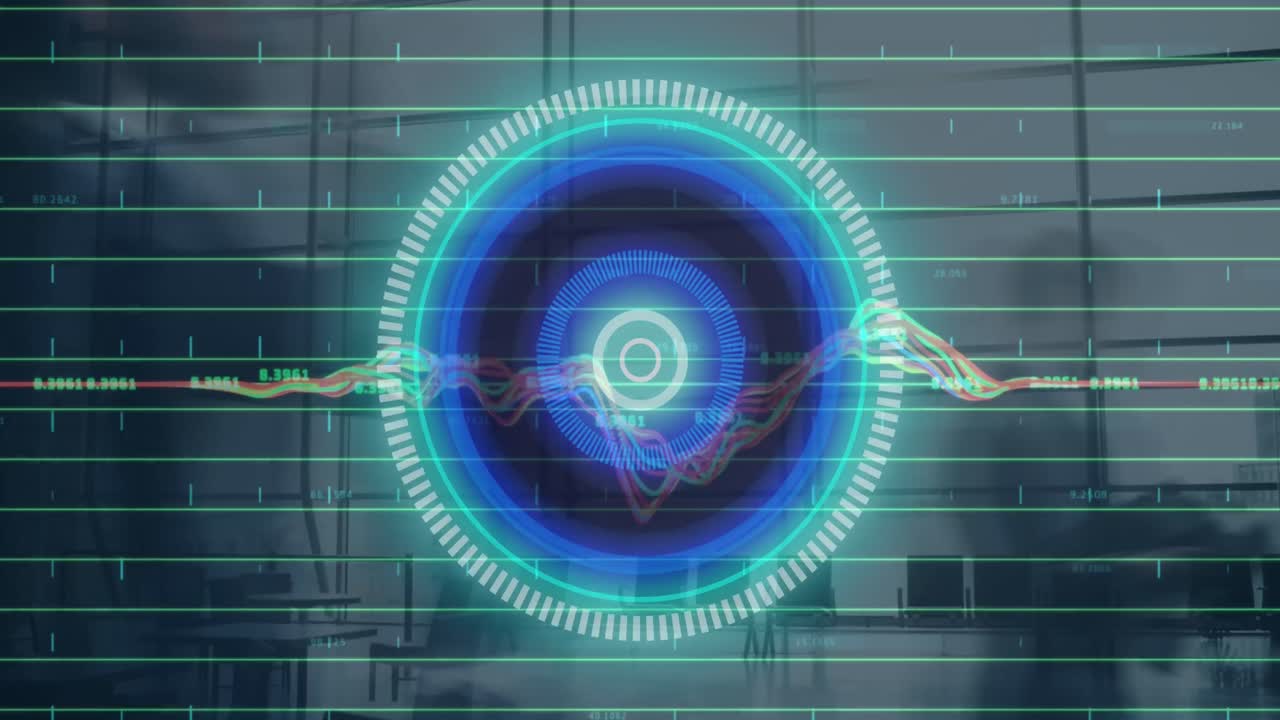 animación de escaneo de alcance y procesamiento de datos sobre personas de negocios que caminan en el aeropuerto.