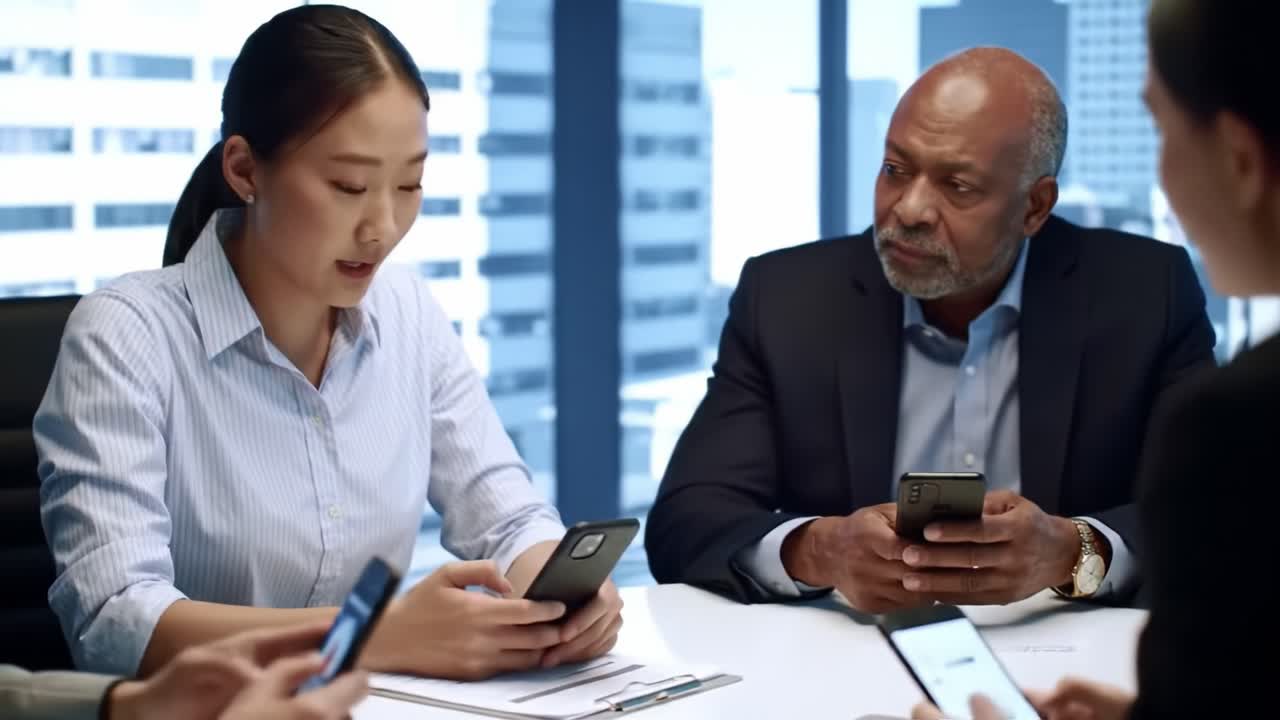 Engaged Professionals in a Modern Workspace Collaborating Digitally, Analyzing Data on Smartphones While Sitting at a Conference Table in Bright Office Environment