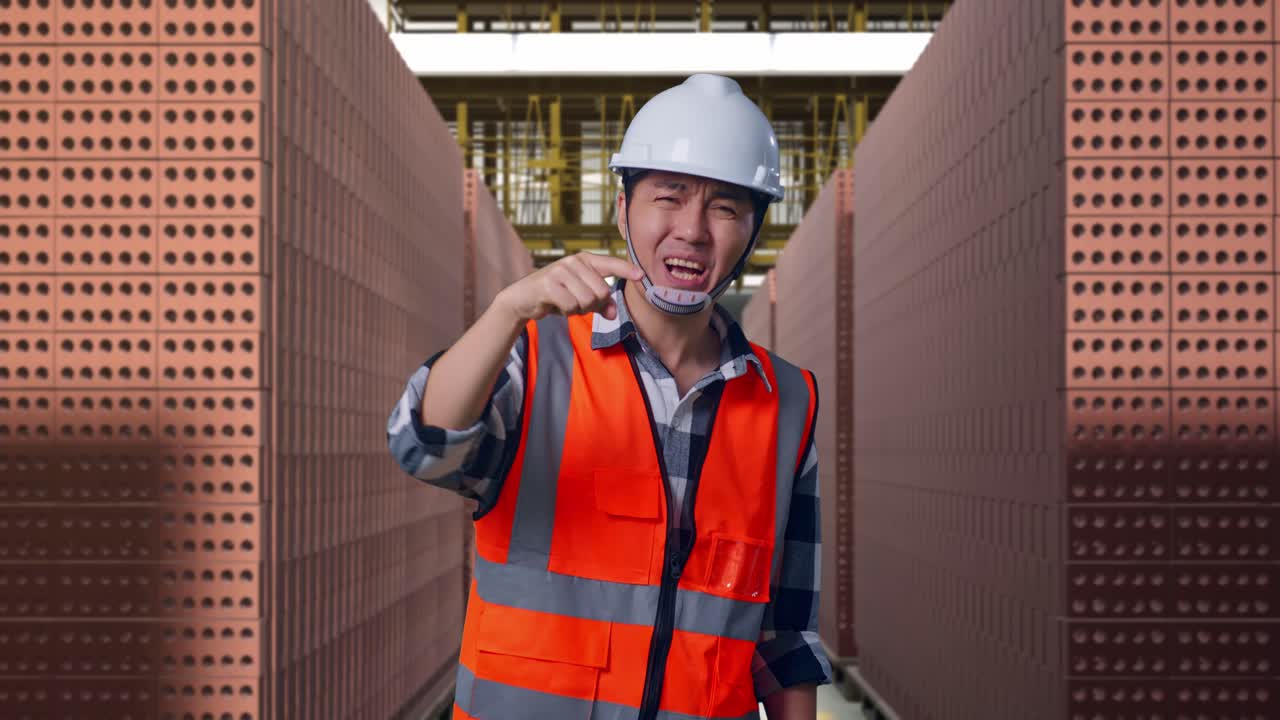 Angry Asian Male Engineer With Safety Helmet Shouting At Someone While Standing With Red Brick Packed in Stacks Are Stored