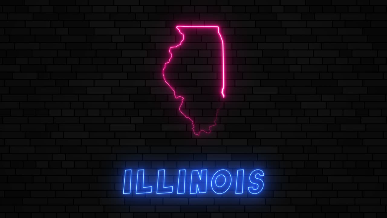 Silhouette della mappa dello Stato dell'Illinois con linea al neon su uno sfondo di muro di mattoni scuri.