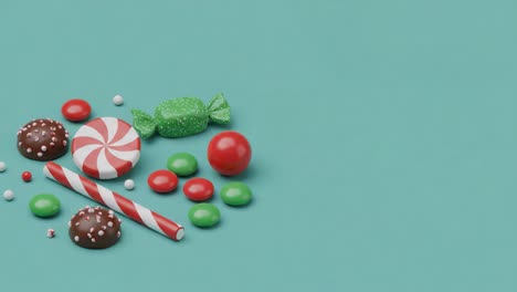 a colorful array of candies lays on a soft turquoise background, featuring mint, chocolate, and fruit-flavored treats for every sweet tooth delight