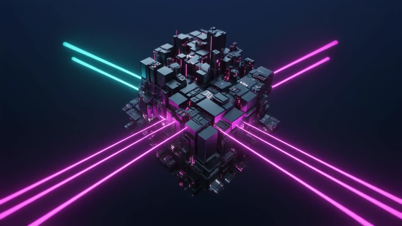 Abstrakt futuristisk terning med dynamiske neonlysstråler